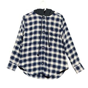 American Eagle Women's Plaid Flannel Hooded Shirt XS Button Up Blue White